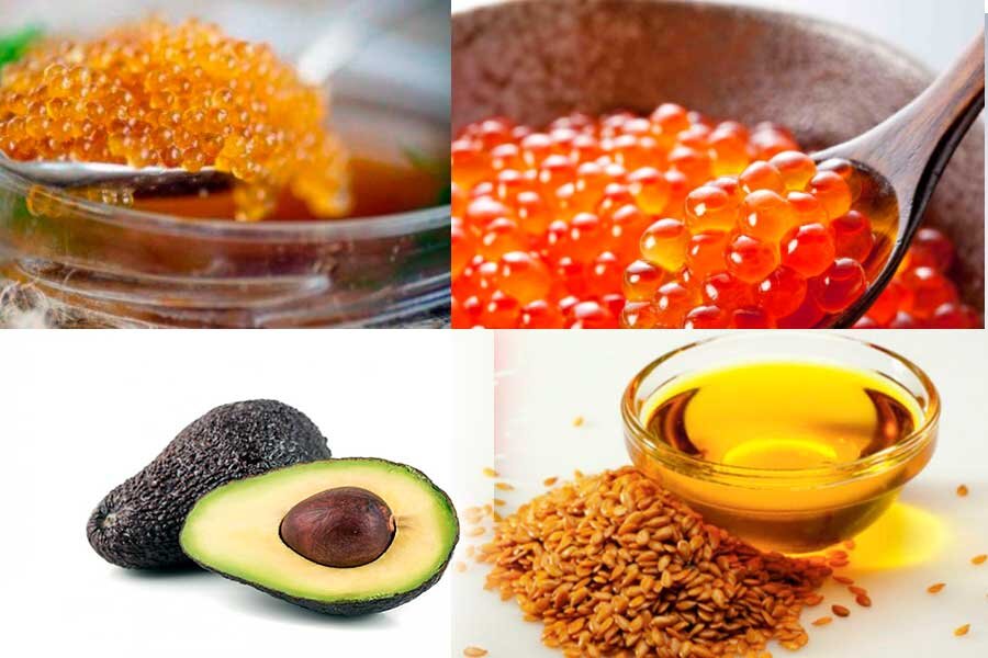 Икра щуки, икра красная, авокадо, льняное масло // коллаж ru.all.biz, agrostory.com, vitamins.ru, wmj.ru