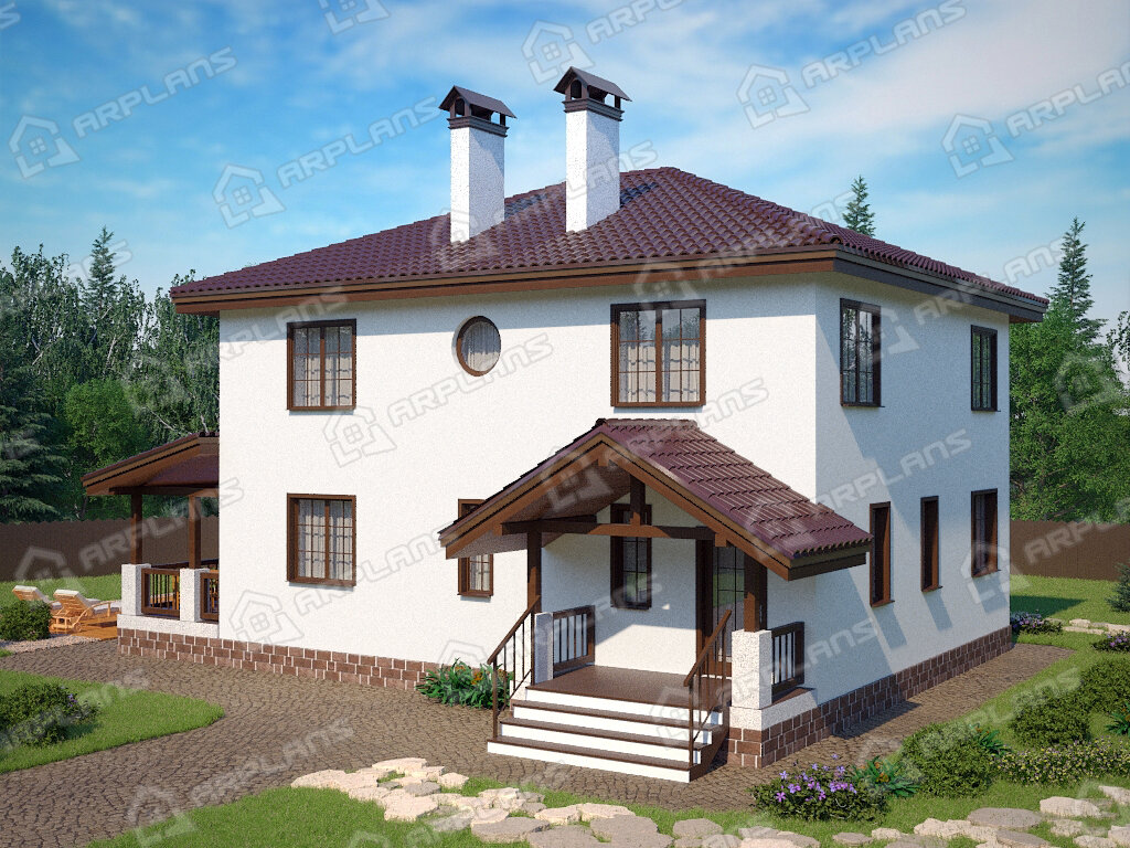 Фото 2 двухэтажного дома из газобетона с 3 спальням, эркером, гостевой, кабинетом, газовой котельной и террасой. 170 кв м. Источник arplans.ru Проект К-136