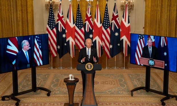 Президент США Джо Байден объявляет подробности альянса с Борисом Джонсоном и Скоттом Моррисоном. Фотография: Кент Нисимура/Los Angeles Times/РЕКС/Шаттерсток