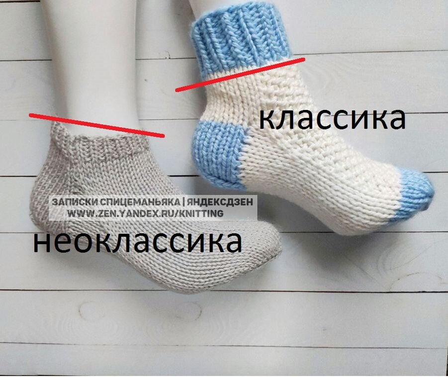 Разница в высоте манжеты в классическом и неоклассическом вариантах вязания пятки. Серый носок на муляже мужской ноги