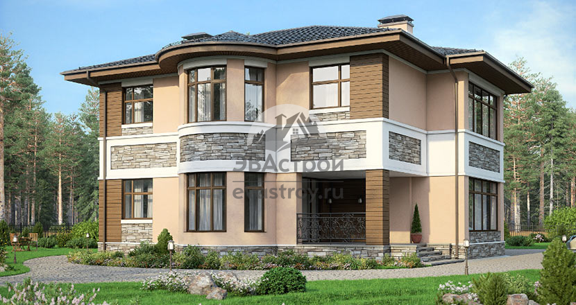 Проект двухэтажного дома 278 м2 с эркером, кабинетом, крыльцом и террасой - 77-75A