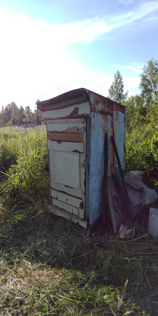 Фотографии практически все затерялись, осталась только эта. На участке был упавший туалет, я его поднял, подбил досками и использовал как сарайчик для инструментов