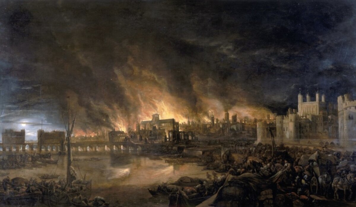 Пожар в Лондоне в сентябре 1666 года. Видимая башня и церковь Св. Пол (общественное достояние).