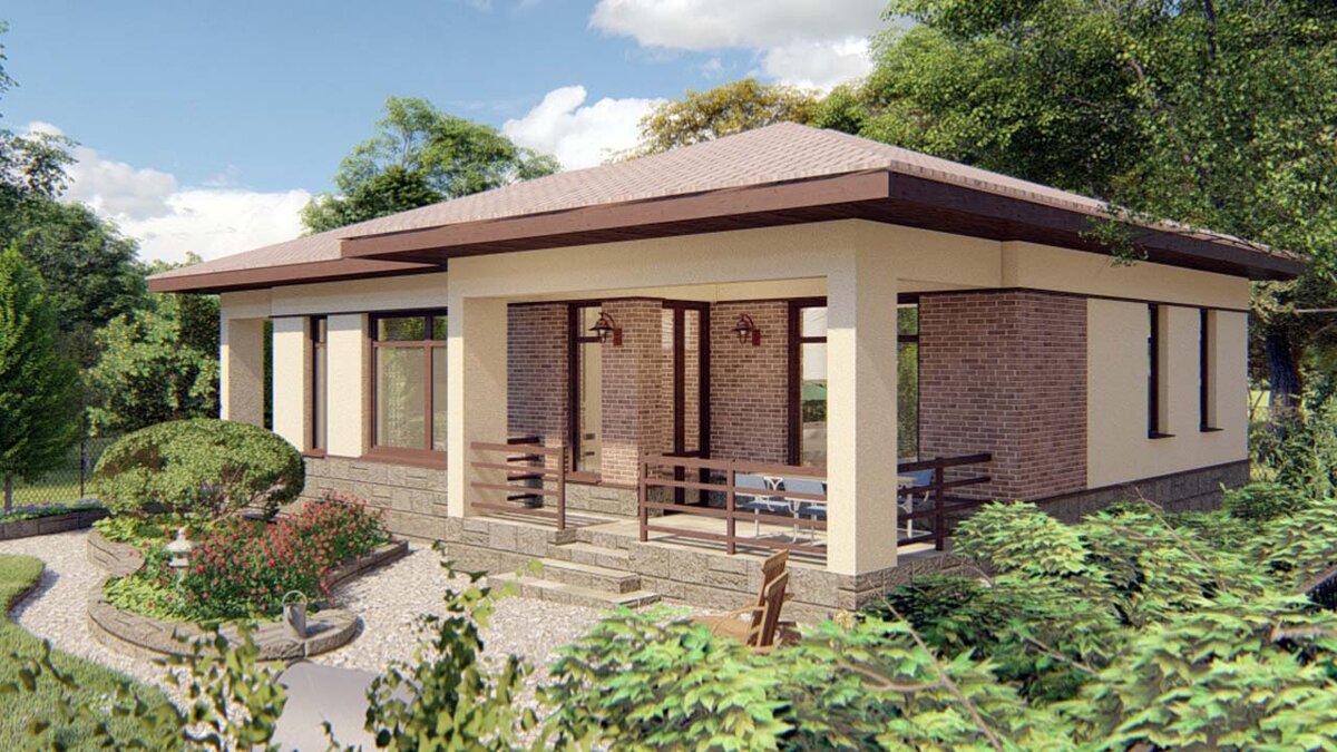 В отделке стен совместили облицовку плиткой под кирпич, штукатурку, каменный цоколь,  лаконичные детали отделки, использовали много стекла. В результате стиль дома приобрел современное звучание.