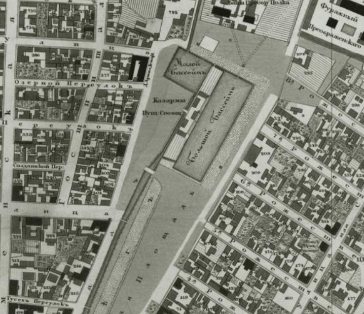 Бассейны на месте Некрасовского сада. Карта 1828 года.