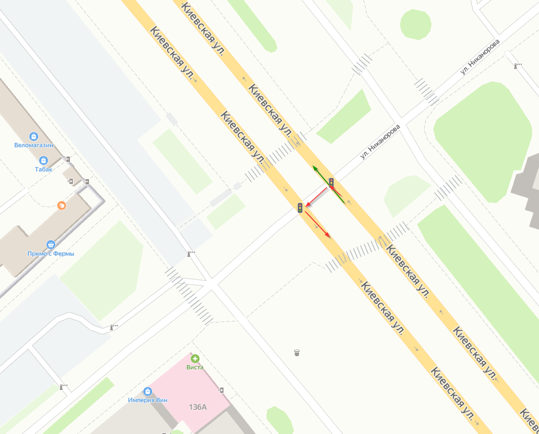 Решил показать схематично, речь идет только про крайний левый ряд. Зеленым показал правильную траекторию движения. Красным - запрещенную!