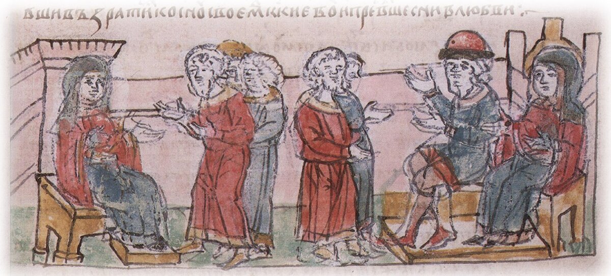 Устройство Ольгой погостов и обложение данью населения; княжение Ольги и Святослава в Киеве. Миниатюра из Радзивилловской летописи, конец XV века