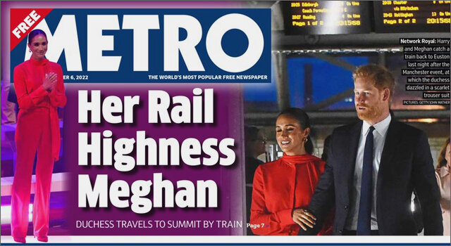 Фрагмент первой полосы газеты METRO (6 сентября 2022 г.): герцоги Сассекские на открытии саммита One Young World 2022