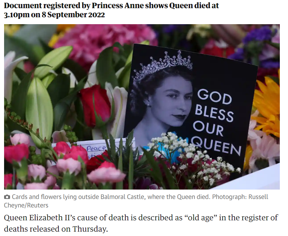 Скриншот-цитата https://www.theguardian.com/uk-news/2022/sep/29/queen-elizabeth-died-of-old-age-death-certificate-says 