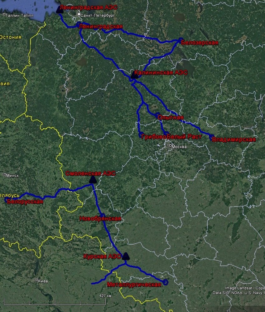 Сеть 750 кВ ЕЭС России на данный момент (без учёта ВЛ 750 кВ, работающих на напряжении 500 кВ в России и 330 кВ в Белоруссии)