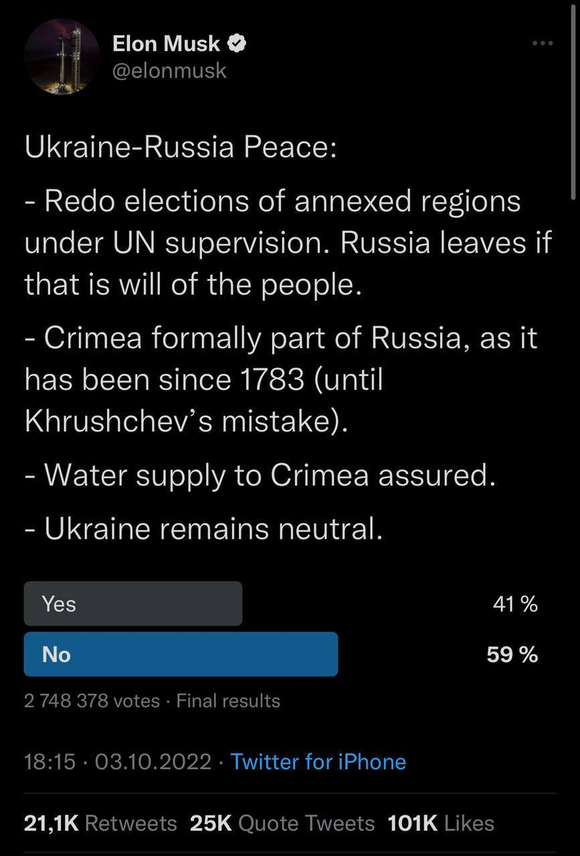 Мир между Украиной и Россией:  - Провести повторные выборы в аннексированных регионах под наблюдением ООН. Россия уходит, если такова воля народа.  - Крым формально входит в состав России, как это было с 1783 года (до ошибки Хрущева).  - Водоснабжение Крыма гарантировано.  - Украина остается нейтральной (Twitter — запрещённая социальная сеть в РФ.).  