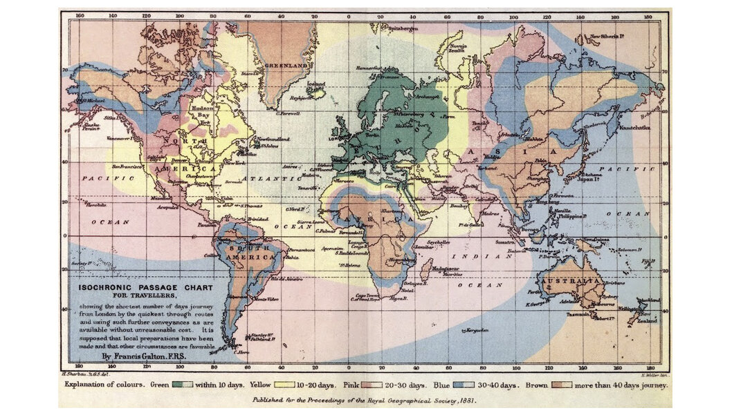 Карта продолжительности путешествия из Лондона в различные уголки мира