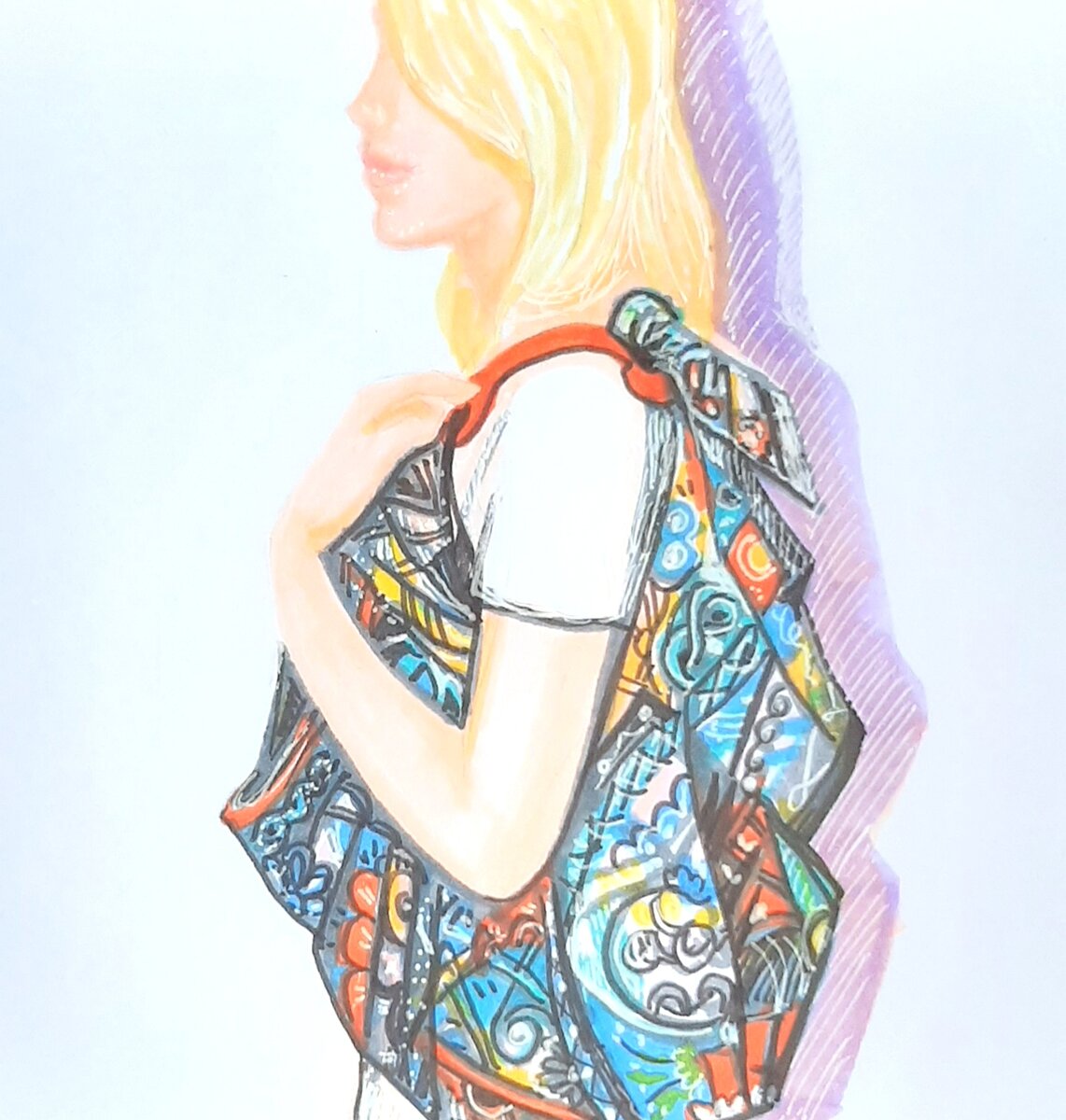 Скетч кожаной ручки  на плече и сумки из шелкового платка