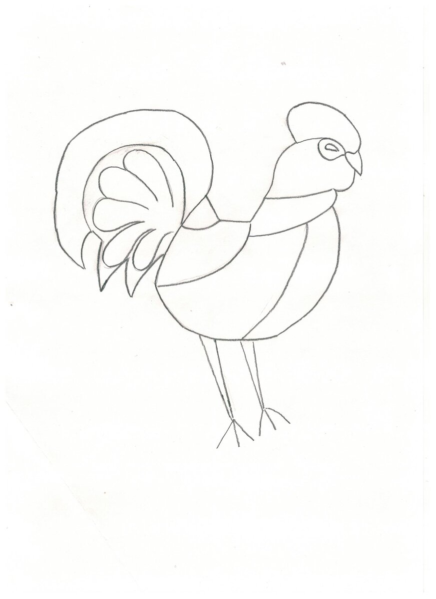 Этот трафарет сделан моей рукой на листе А4. Сохраните его, распечатайте и перенесите на цветной картон, чтобы сделать петушка.