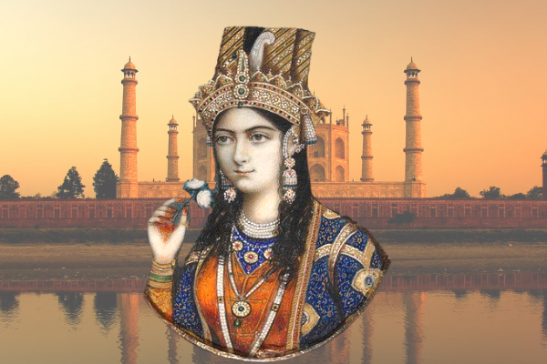 Один из портретов Мумтаз Махал. Сзади Тадж Махал. Коллаж.