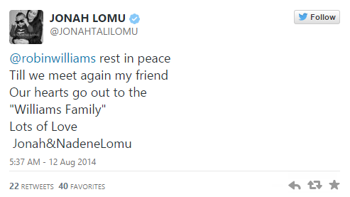 Перевод: "Покойся с миром, пока мы не встретимся снова мой друг, наши сердца с искренним соболезнованием к "Семье Уильямс". С любовью Джона и Надин Лому."