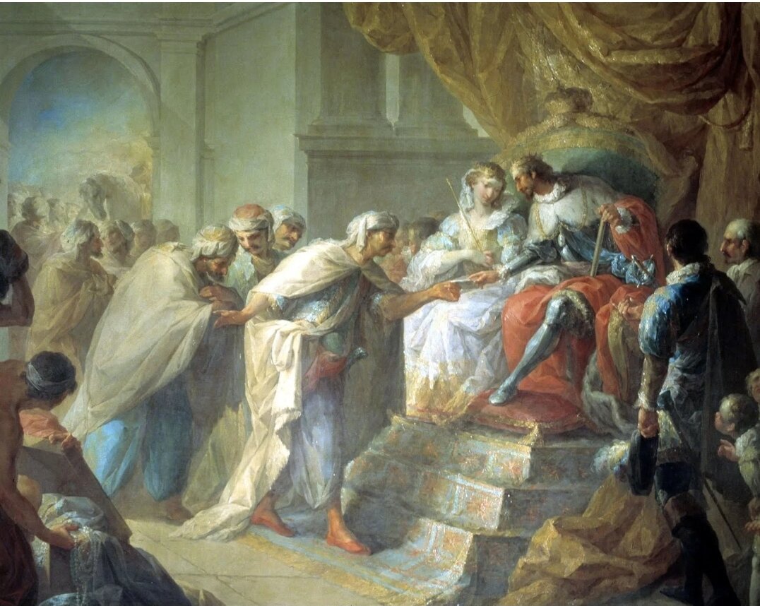 Фердинандо  Арагонский и Изабелла Кастильская
 Католические монархи принимают посольство короля Феса.  Музей Академии изящных искусств Сан-Фернандо, Мадрид. Изображение из открытых источников. 