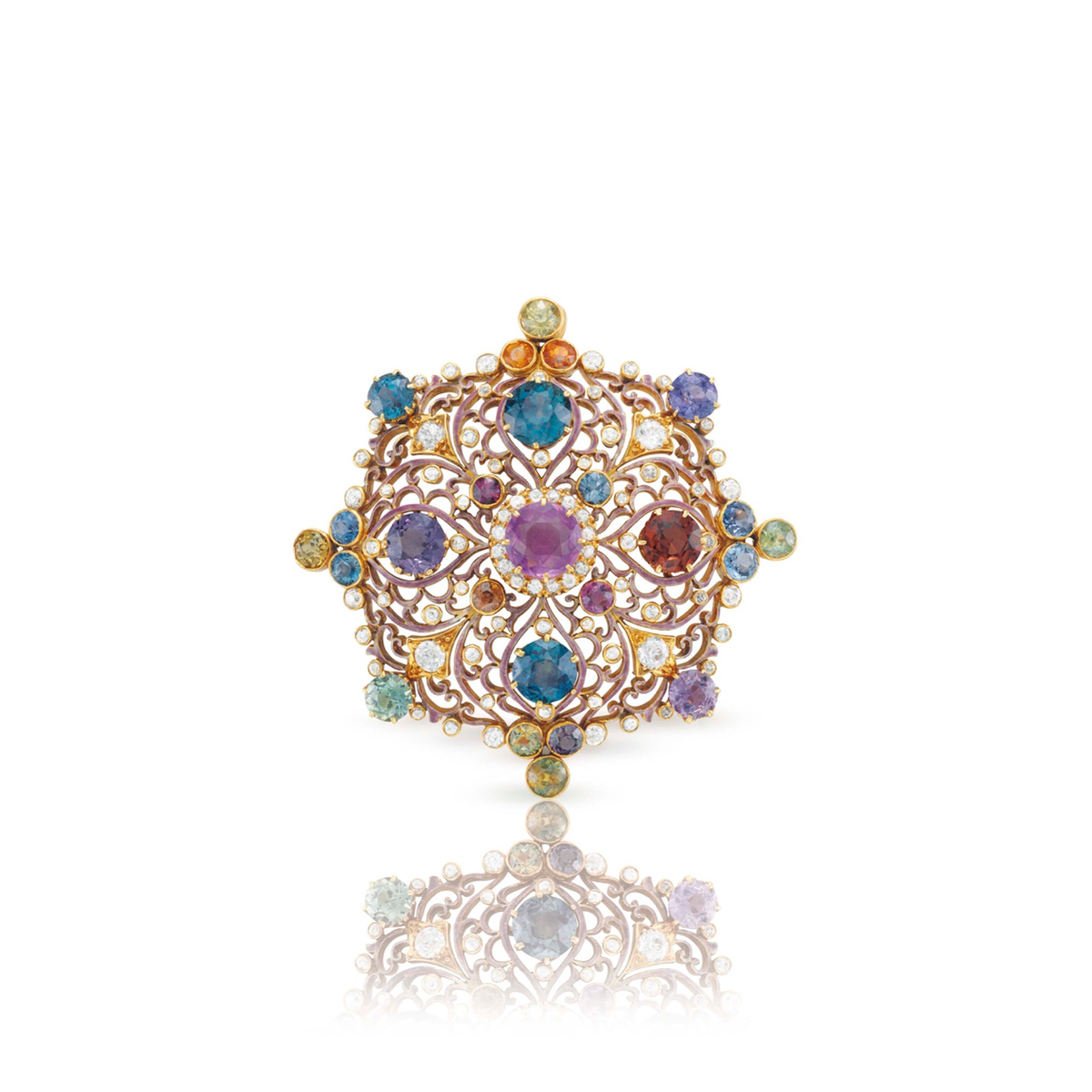 Антикварная брошь-подвеска с разноцветными сапфирами и бриллиантами эпохи Возрождения.