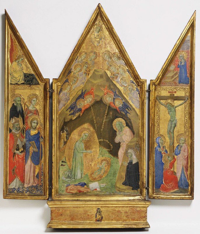 Niccolò di Tommaso, Italian (active Florence, Naples, and Pistoia), c. 1346 - 1376). Triptych. C. 1375-1376. Saint Bridget's Vision of the Nativity [center]; Virgin and Child [base]; Annunciate Angel and Saints Anthony Abbot, Catherine of Alexandria, Nicholas of Bari, and James Major [left wing]; Virgin Annunciate and the Crucifixion [right wing]. Made in Florence, Italy. Tempera and tooled gold on panel with vertical grain. 63.5 × 51.9 cm. Left wing 53.5 x 12.7 cm. Right wing 53.5 x 12.9 cm. Accession Number: Cat. 120. Philadelphia Museum of Art.