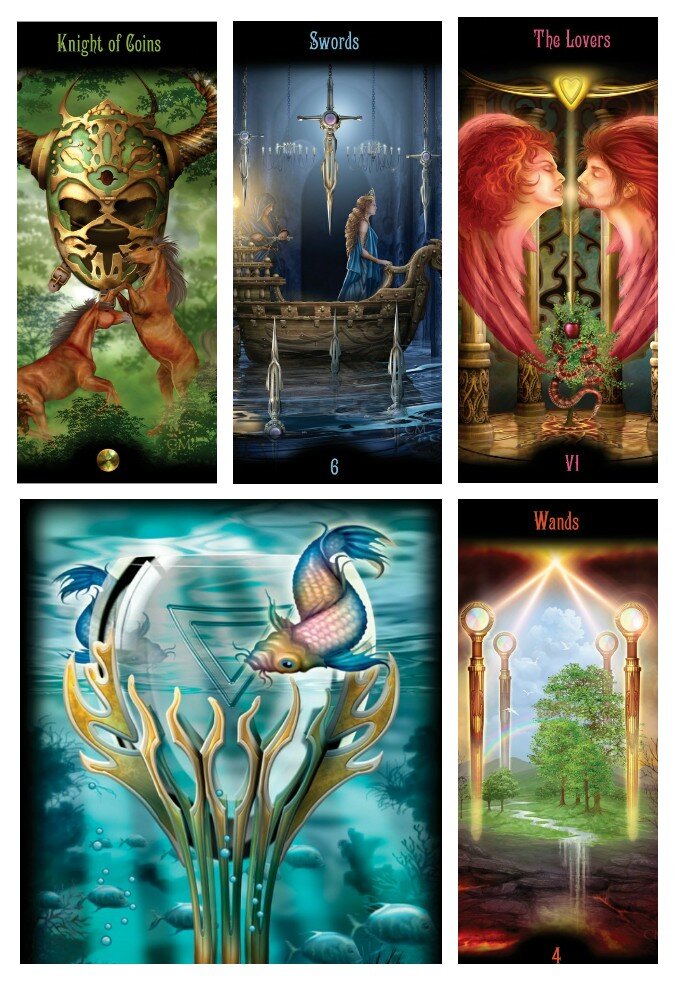 Расклад 5 карт: 4 Посохов, Влюбленные, Туз Кубков, Рыцарь Пентаклей, 6 Мечей