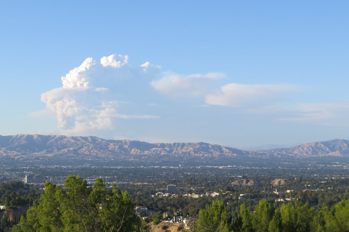 Долина Сан-Фернандо. Август 2020 года. Безоблачное небо со столбом дыма от пожаров в соседней долине. Фото автора. 