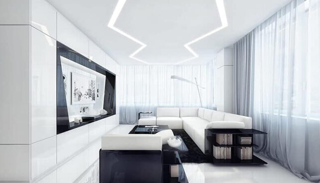 Cветовые линии, которые образуют нестандартный рисунок на натяжных потолках и равномерно освещают пространство