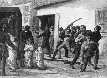 Военные принудительно госпитализируют больных оспой в Монреале в 1885 году. Газетный рисунок.