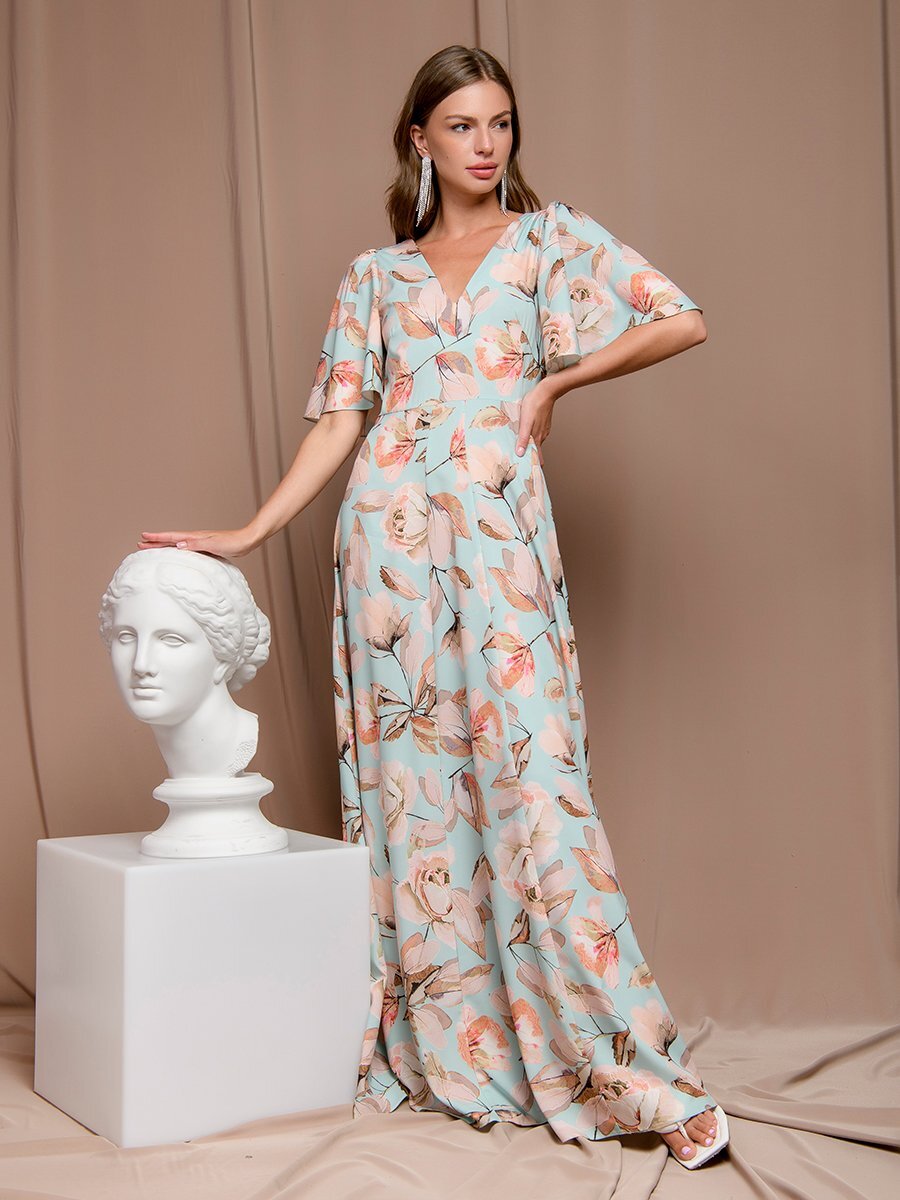 Платье голубое с цветочным принтом длины макси с глубоким вырезом 1001DRESS арт. 0142101-01587LB