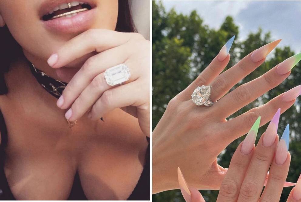 Обручальное кольцо Ким Кардашьян от Канье Уэста (слева) было оценено в 5 миллионов долларов США, в то время как ранее в этом году Хлоя носила кольцо за 3,3 миллиона долларов (справа). Фото / Instagram