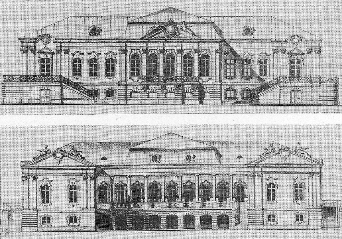 Главный и задний фасады Среднерогатского дворца. Проект реконструкции советского времени