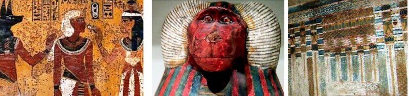 Слева: белые волосы возрождения умершего в загробном мире. В центре: белая грива павиана, как у возрождаемого, и красная морда, как "Малое солнце" и собачья морда, как у Анубиса. Справа: изображение всебога в виде сине-зелено-красных вертикалей — так расцвечивали и статуэтку павиана, что видно по фото в центре.