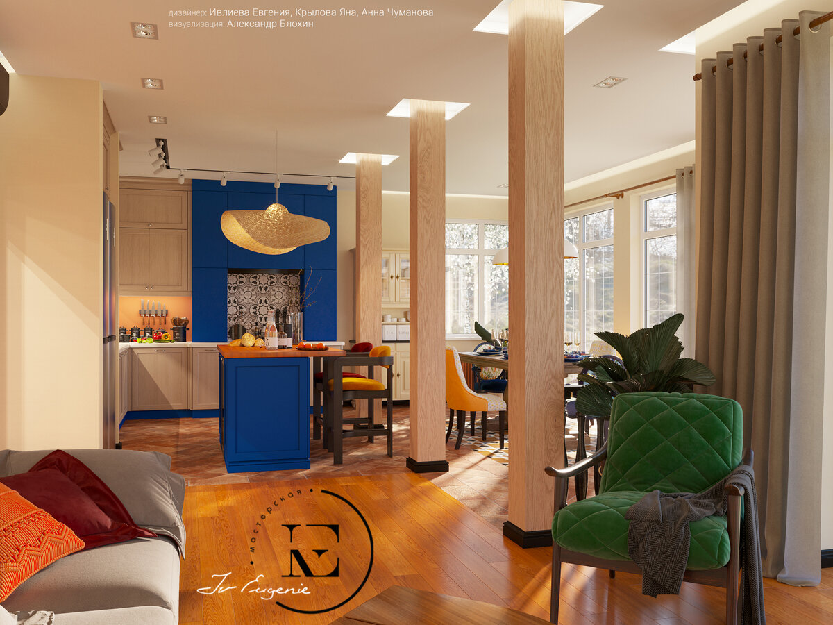 Ракурс из зоны гостиной на кухню – столовую