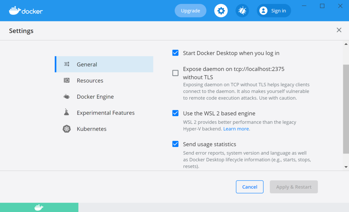 Изменение параметров Docker desktop