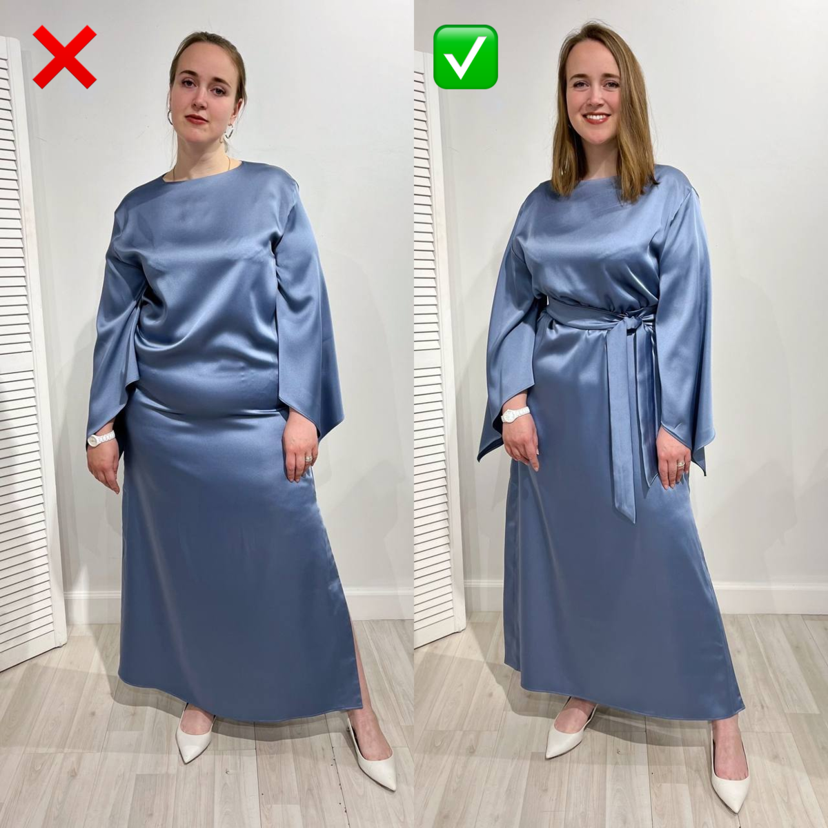 Плохой и хороший пример подбора размера для фигуры плюс-сайз