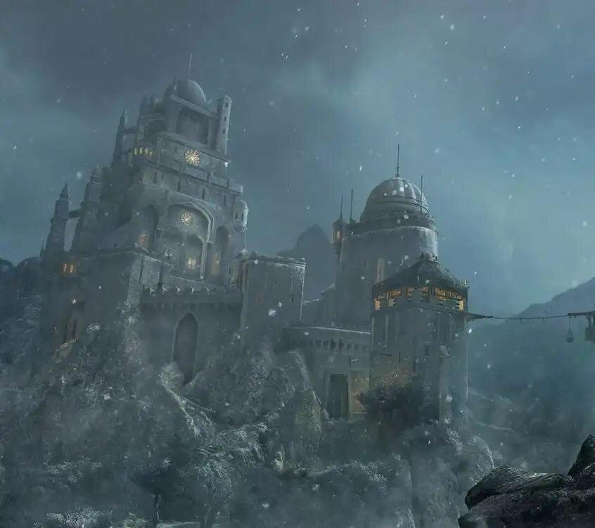 Арт крепости Аламут, в реальности же от неё остались только руины.