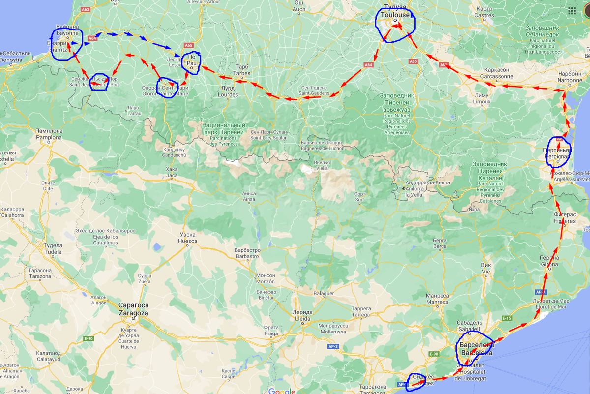 Наш автомаршрут: Гостиница-Барселона - Перпиньян - Тулуз -По
