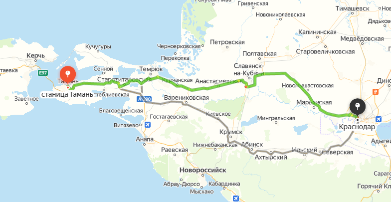 Трасса Краснодар Тамань. Карта Краснодар та Ань Тамань.
