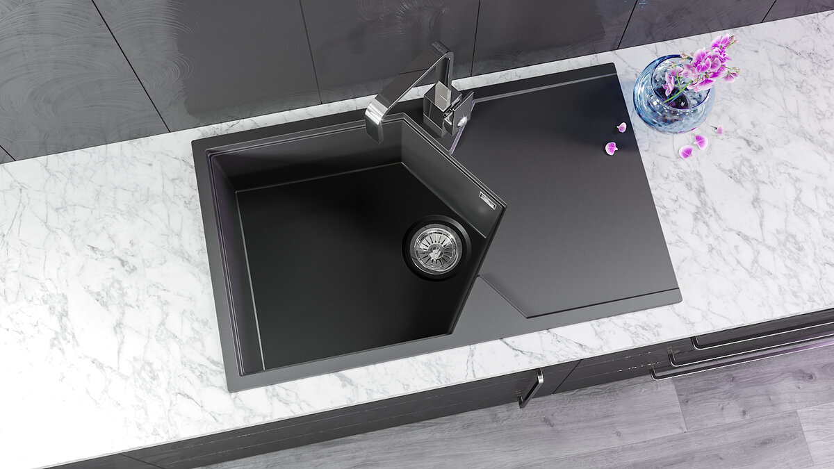 Это мойка из композита с обогащенным кварцевым песком. Этот композит Alumarin вынослив к истиранию и ему нипочем тепловые удары до 130 градусов. Фото Kit Kraken 