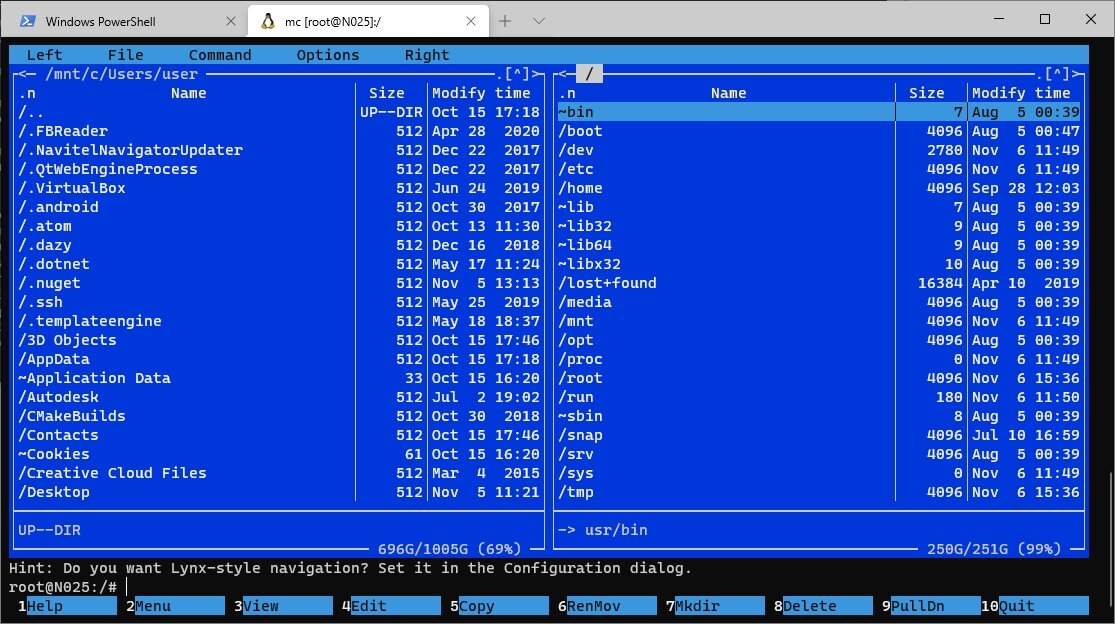 Слева в файловом менеджере MC (Midnight Commander) открыта файловая система Windows, справа - Linux