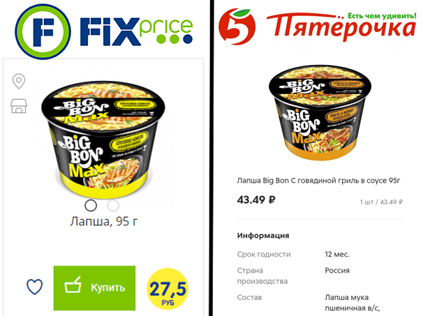 Слева - цена в Фикс Прайс, справа в Пятёрочке