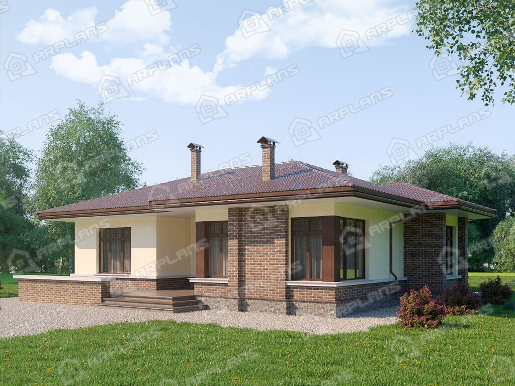 Фото 1 одноэтажного дома из газобетона с 3 спальнями, газовой котельной и террасой. 130 кв м. Источник arplans.ru Проект К-151