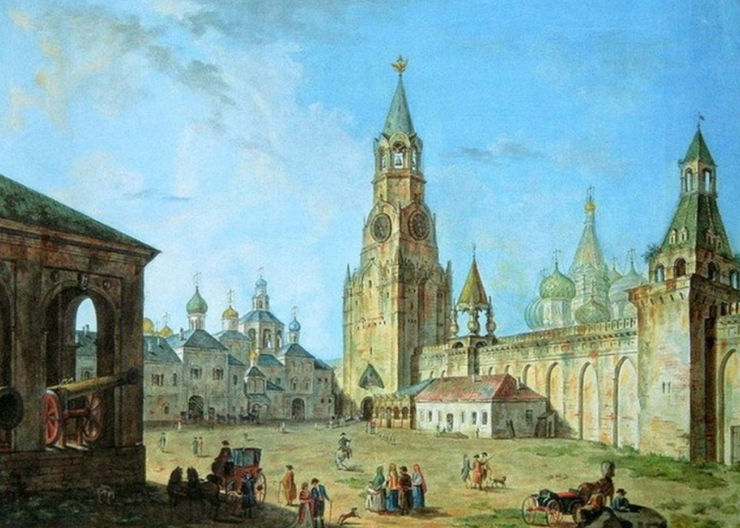 Акварель Фёдора Алексеева. Спасская башня и Вознесенский монастырь в Кремле в начале XIX века