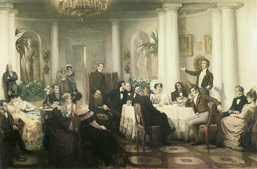 Мясоедов Г.Г.. Адам Мицкевич в салоне Зинаиды Волконской импровизирует среди русских писателей