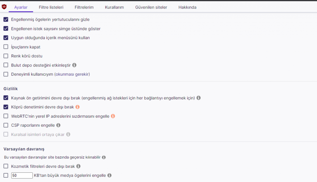 u block origin ayarlar arayüzü
