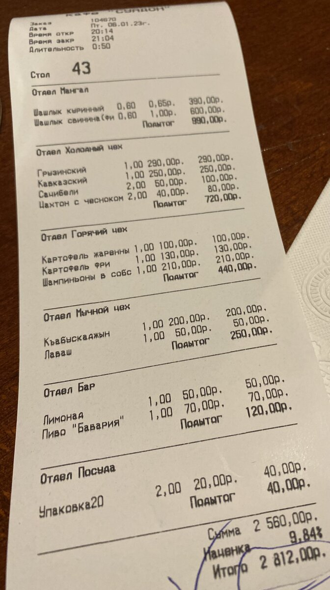 чек на 4 человек, которые наелись до отвала и многое забрали с собой