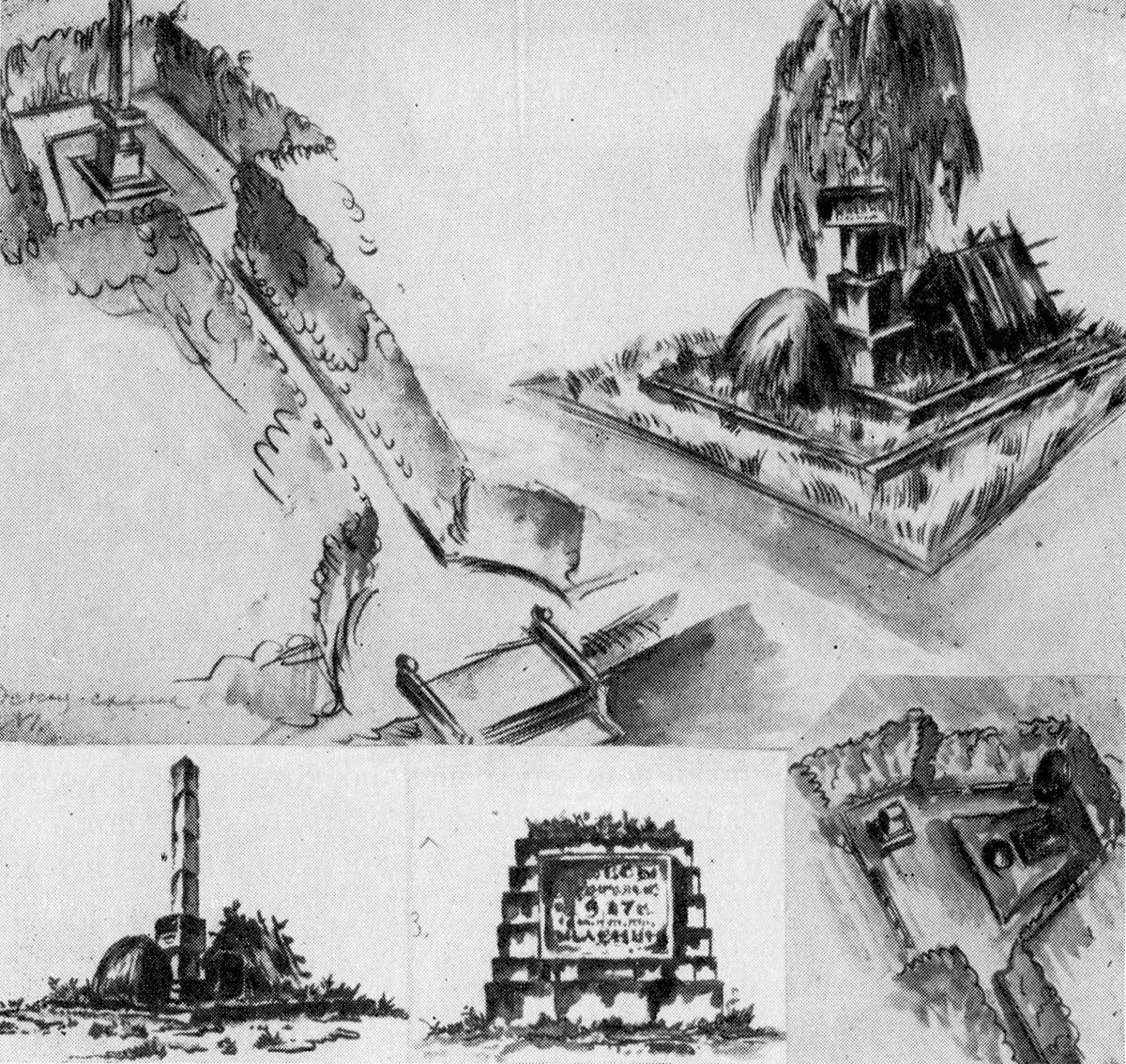 Первые эскизы памятника. Источник: http://tehne.com/event/arhivsyachina/gegello-i-pamyatnik-shalash-v-i-leninu-v-razlive