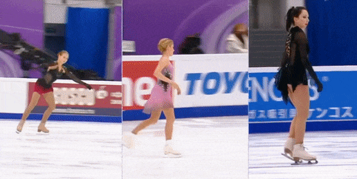 Трусова, Косторная и Туктамышева на разминке этапа Гран-при в Москве (источник - 1tv.ru/sport)