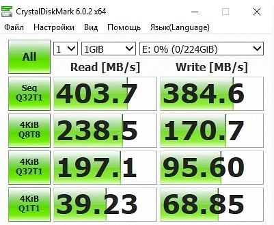 Тест скорости чтения/записи в программе CrystalDiskMark