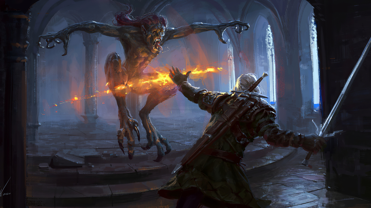 Геральт против стрыги (арт Michal Kus к игре "Ведьмак 3: Дикая Охота", www.witcher3art.tumblr.com).