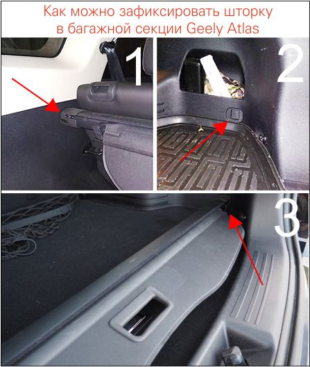 Альтернативная фиксация багажной шторки Geely Atlas в дополнительных посадочных местах боковых панелях багажного пространства
